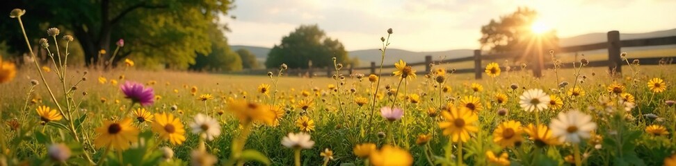 Sun-Drenched Meadow Wildflowers Swaying Gently in a Peaceful Rural Scene, Rustic Fence and Forgotten Farmstead