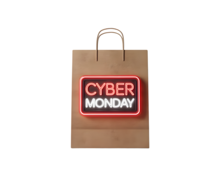 Brown shopping bag with a neon cyber monday sign, isolated on transparent background