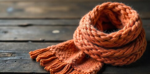 Cozy Chunky Knit Scarf Draped on Rustic Wood Warmth, Comfort, and FallWinter Fashion