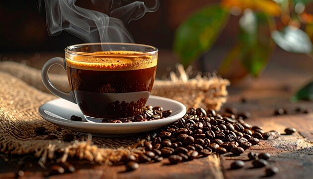 A steaming cup of rich, dark espresso sits on a saucer surrounded by freshly roasted coffee beans, with burlap and greenery in the background.
