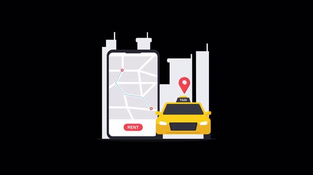 Phone with Navigation Map, Taxi Car. Rent a Taxi Concept Animation Video - Transparent