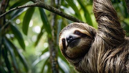 Fototapeta premium three-toed sloth close-up in tropical rainforest with soft natural light