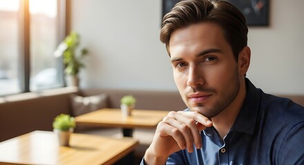 A handsome young man with a thoughtful expression sits in a sunlit cafe, looking directly at the camera.