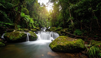 Obraz premium Lush Green Forest Waterfall with Soft Afternoon Sunlight and Moss Covered Rocks