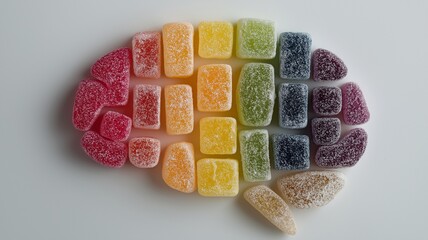 On a white backdrop, colorful candy shaped like a brain symbolize the idea of sugar dependency and how it affects cognitive processes.