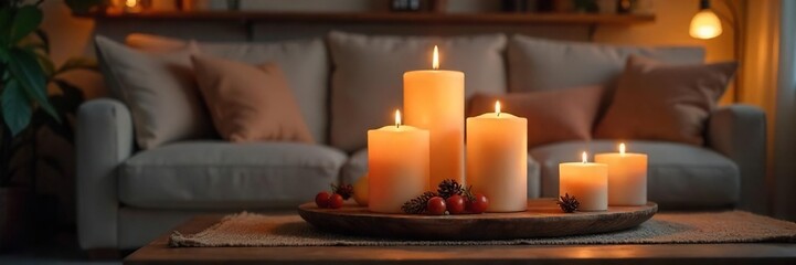 Cozy Living Room with Varied Candles Soft Lighting, Relaxing Atmosphere, Peaceful Home Interior Design