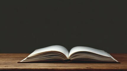 Open book on wooden table with dark background.