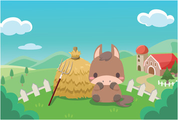 午年　年賀素材　2026年　馬と牧場の家3　文字無し