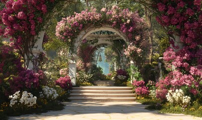 Fototapeta premium Enchanted garden archway covered in blooming pink flowers and greenery