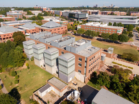Aerial Drone View of NC State University Centennial Campus with Hunt Library and Monteith Engineering Research Center
