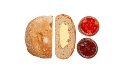 Sliced bread loaf with butter and jam jars isolated on white background