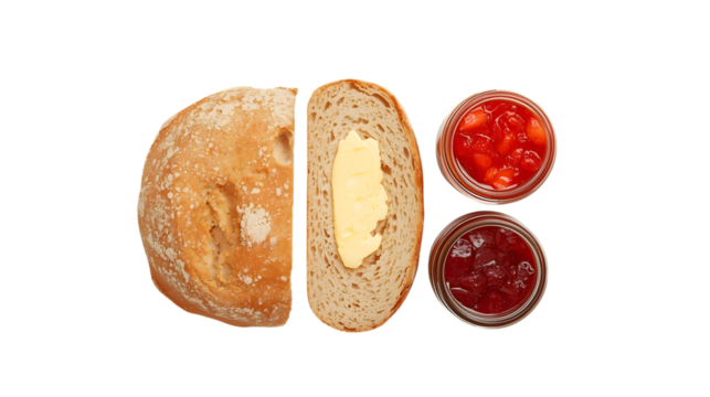 Sliced bread loaf with butter and jam jars isolated on white background