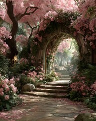 Fototapeta premium Enchanted garden archway covered in blooming pink flowers and greenery
