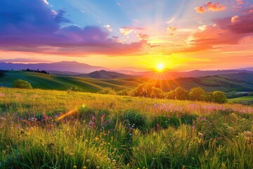 Obraz premium Sunrise over Tuscan field showing hills and colorful sky, serene travel background