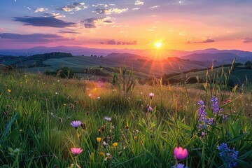 Sunset illuminates hills, flowers bloom. Pastoral landscape use for travel blog