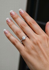 A Diamond's Embrace: An elegant hand, adorned with a dazzling diamond engagement ring, radiating timeless beauty and symbolizing love, commitment, and the promise of forever.