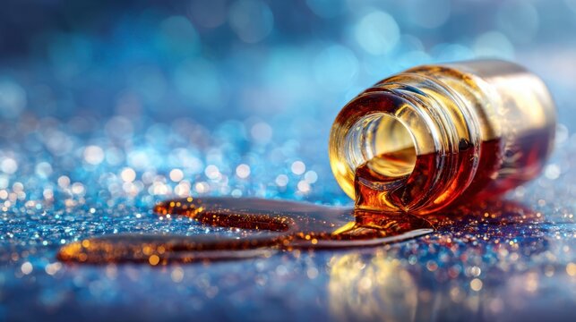 A close-up view of an elegantly spilled glass vial showcasing rich amber liquid against a shimmering blue glitter background, evoking luxury and allure. - Powered by Adobe