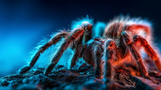 Close-Up View of a Colorful Tarantula Spider with Abrasive Texture and Intense Lighting in a Dark Environment, Showcasing Its Unique Features and Detail