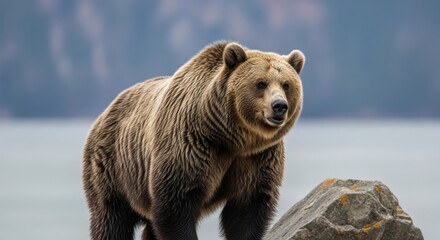 Obraz premium Majestic grizzly bear surveying its domain with a serene lake backdrop and rugged terrain behind it