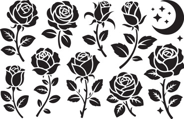 Elegant rose silhouettes with celestial moon and stars design