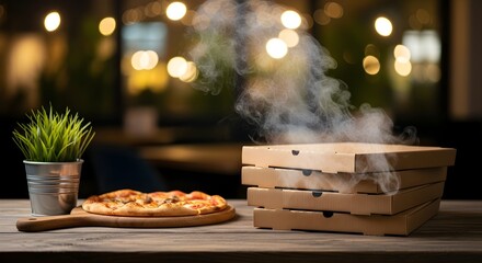 Delicious steaming hot pizzas, both ready-to-eat on a wooden board and packed in multiple takeout boxes, awaiting a satisfying meal in a warm, inviting restaurant atmosphere