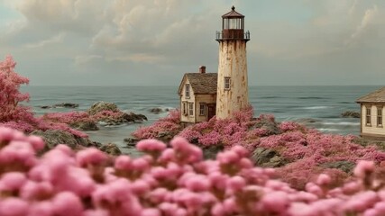Coastal lighthouse and cottage with pink flowers and ocean view