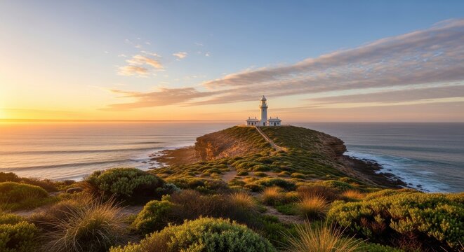Majestic lighthouse at dawn on a coastal headland capturing tranquility and natural beauty - Powered by Adobe