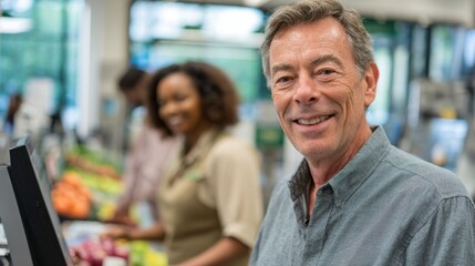 A Cheerful Elderly Man Smiling at the Camera Inside a Bright Grocery Store with a Cashier and Fresh Produce in the Background. Checkout retail process