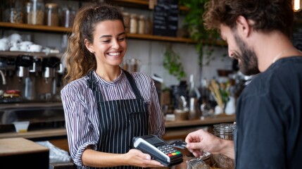 Friendly Barista Assisting Customer with Contactless Payment at a Cozy Cafe Setting, Highlighting Excellent Service and Modern Payment Technology. Checkout retail process