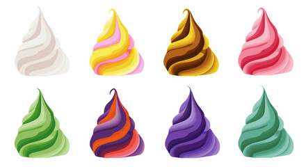 A selection of colorful swirled soft serve ice cream cones without brands.