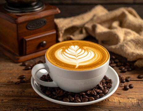Taza de caf&eacute; con leche, granos de caf&eacute; y molinillo aniptiguo, sobre mes r&uacute;stica.