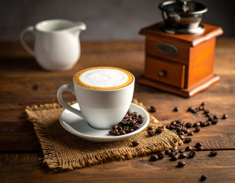 Caf&eacute; con leche, granos de caf&eacute; y antiguo molinillo al fondo.