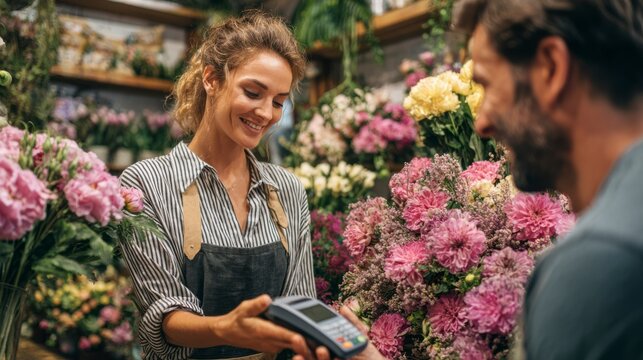 A Joyful Flower Shop Interaction: A Friendly Florist Assists a Customer in Purchasing Beautiful Blooms Amidst a Vibrant Floral Display. Checkout retail process