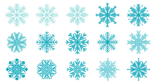 A beautiful collection of diverse shimmering snowflakes in shades of light blue and turquoise representing winter's delicate artistry.