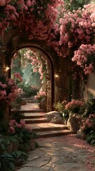 Fototapeta premium Enchanted garden archway with blooming pink flowers for phone wallpaper