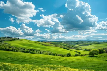 Obraz premium Tuscan countryside vista shows green hills, sky & clouds. Idyllic tourism photo