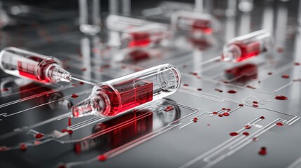 Naklejka premium Red liquid in glass vials sits on a reflective circuit board, merging technology and science for a striking visual effect.