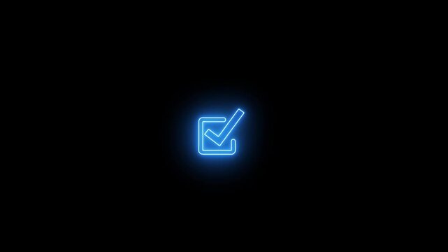 Glowing blue neon checkmark in a square on black background tick