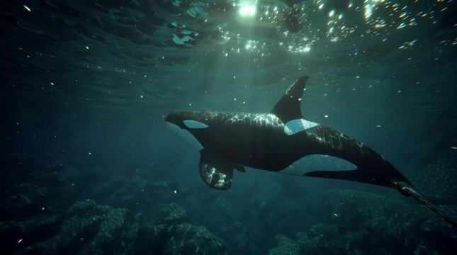 Majestic orca gracefully gliding through the depths of the ocean, sunlight dancing on the surface in an underwater ballet of nature's beauty