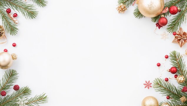 Christmas Frame with Pine Branches and Ornaments on White Background