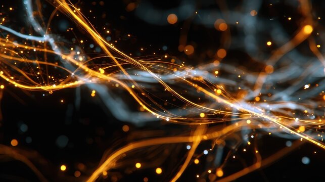 bright strands of electric energy weave through a dark background creating an abstract visual of digital connections and dynamic movement the glowing lines pulse with vibrant intensity