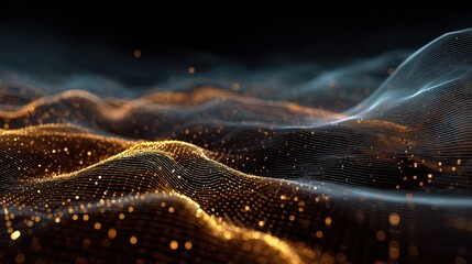 abstract digital landscape with glowing grid and flowing waves