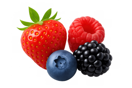 Fresh fruit assortment: picking strawberry, raspberry, blueberry, and blackberry for healthy eating and natural vitamins with transparent background