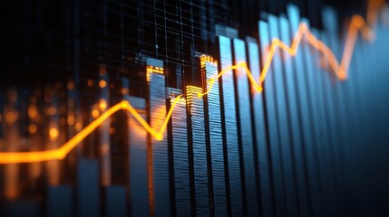 futuristic financial chart with glowing blue bar graphs and orange line graph showing economic growth data visualization analytics investment statistics and modern business technology