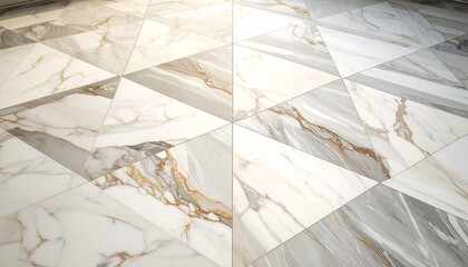 Elegant geometric marble-patterned floor tiles with white, grey, and gold veining creating a modern design.