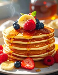 Stacked pancakes, adorned with fruit, drizzled with golden syrup
