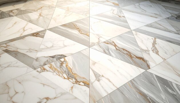 Elegant geometric marble-patterned floor tiles with white, grey, and gold veining creating a modern design.