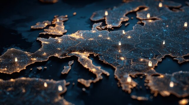 a digital map of europe showcasing data security with glowing lock icons symbolizing cybersecurity and network protection - Powered by Adobe