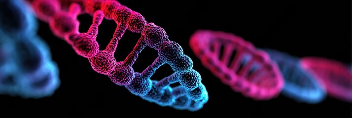 Dynamic view of 3D DNA helices in vivid blue and pink colors, illustrating their complex structure in a scientific visualization set against a black backdrop.