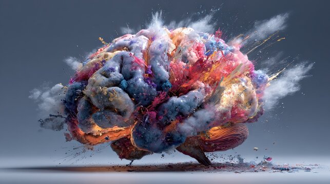 dramatic photo realistic image of a brain exploding with colorful elements representing creative energy and ideas